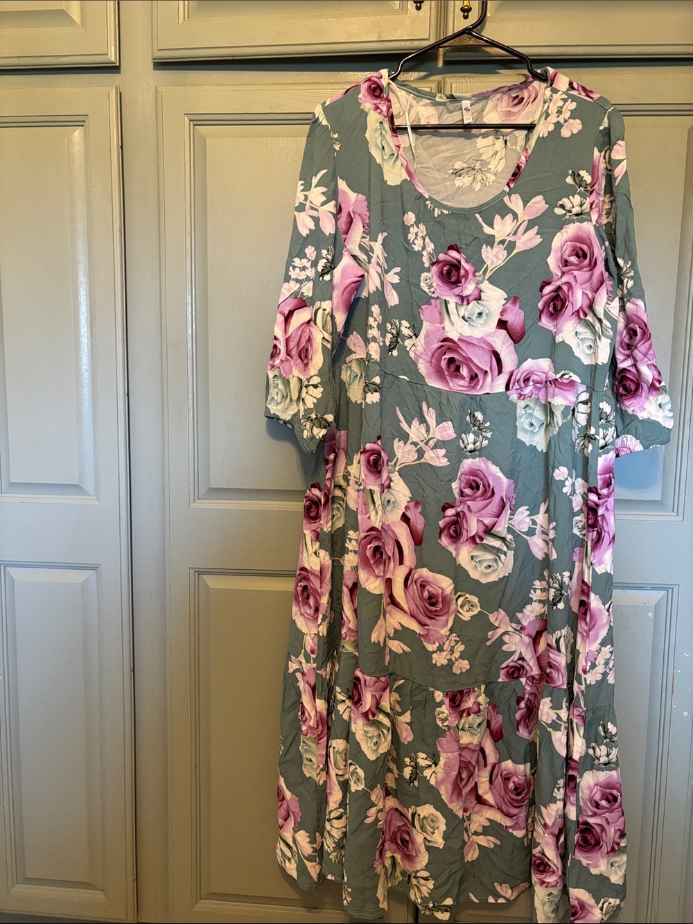 J. Jill Sage Green Floral Midi Dress with Pink Roses